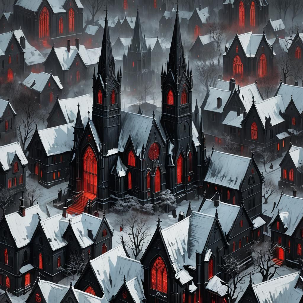 Gothic Salem Church in Fiery Winter Twilight