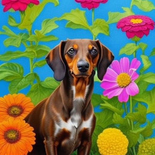 Dachshund Portrait in Lush Garden, Classical Painting Style