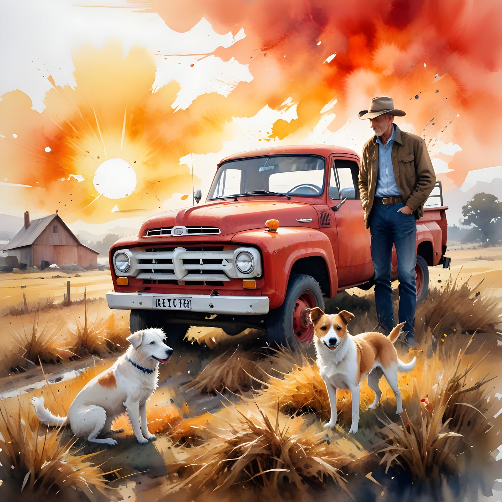 Rural Sunset Scene with Farmer and Dog