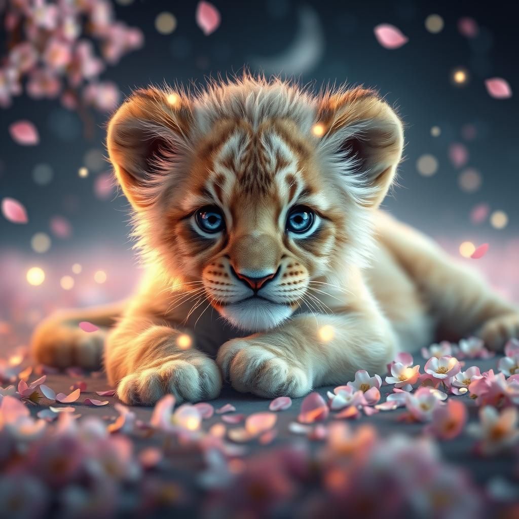 Enchanting Lion Cub Portrait with Fireflies