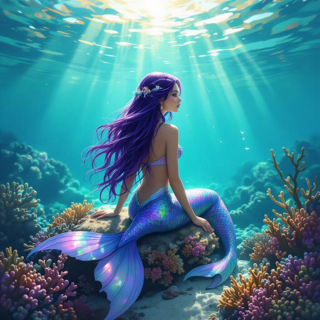 Ethereal Mermaid with Purple Hair on Coral Reef