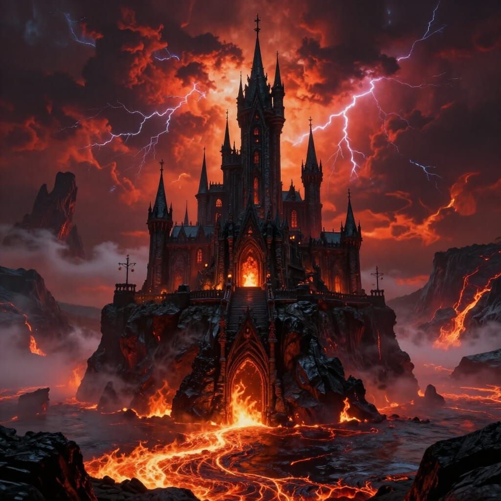 Gothic Fairytale Castle Overlooking Lava Lake