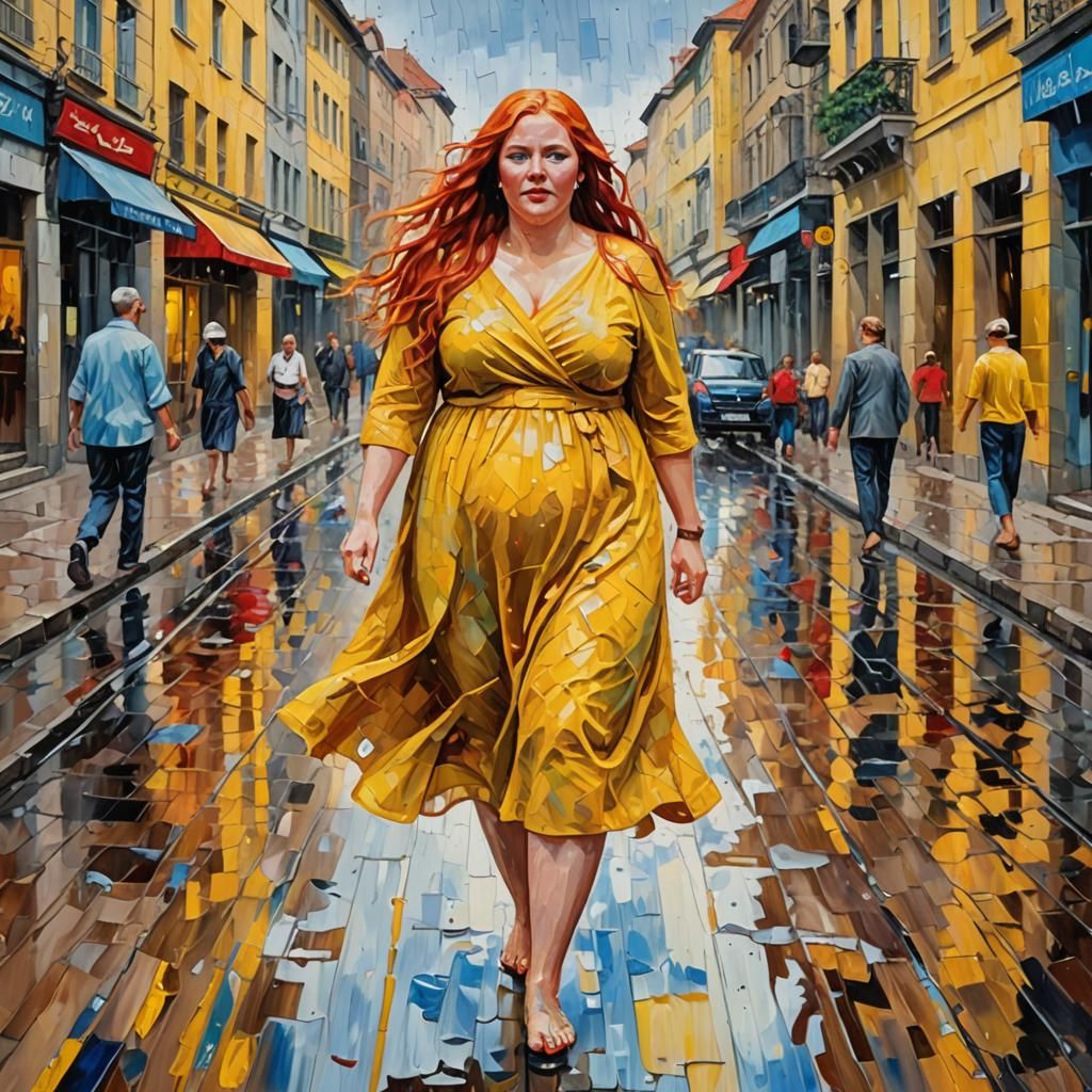 Red-Haired Girl Walking in the Rain: Expressionist Oil Paint...