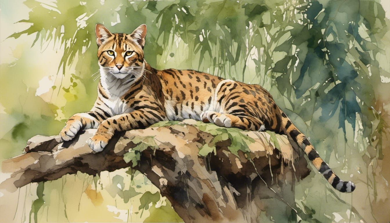 Jungle Cat Sunbathing in Watercolor Style
