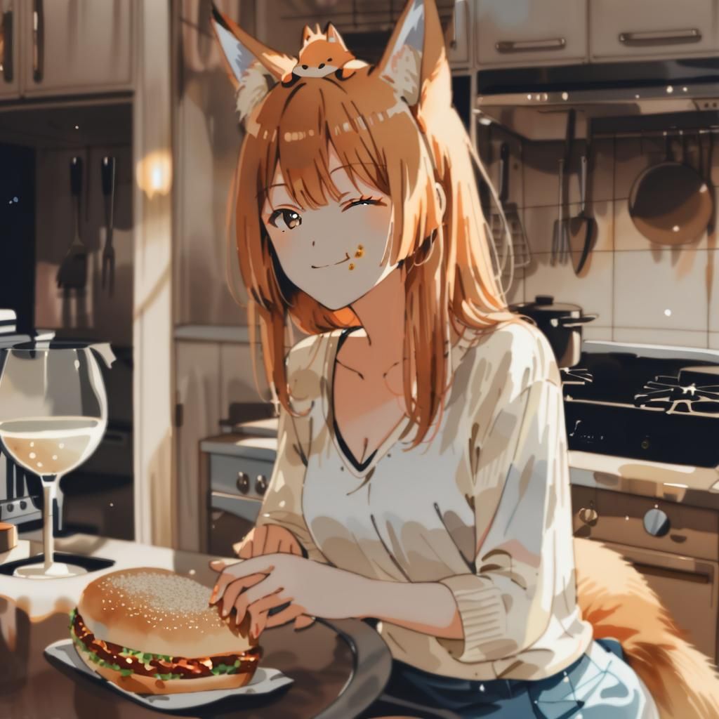 Fox-girl Vixen eating a sloppy Joe! (With Jim the Fox spirit...