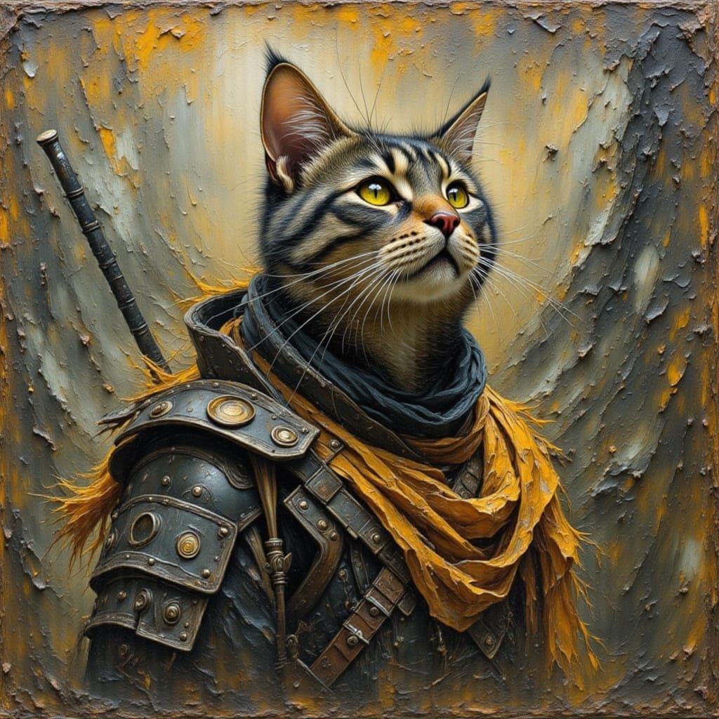 Feline Warrior in a Brushed Oil Painting Style
