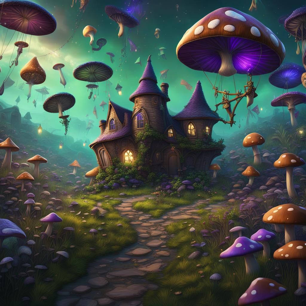 Whimsical Kites in a Dark Fantasy Landscape