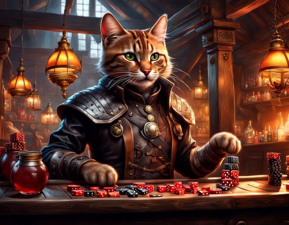 Playful Tabaxi Rogue Throws Dice in Tavern