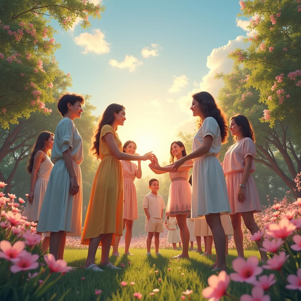 Elegant People in Sunny Garden with Flowers