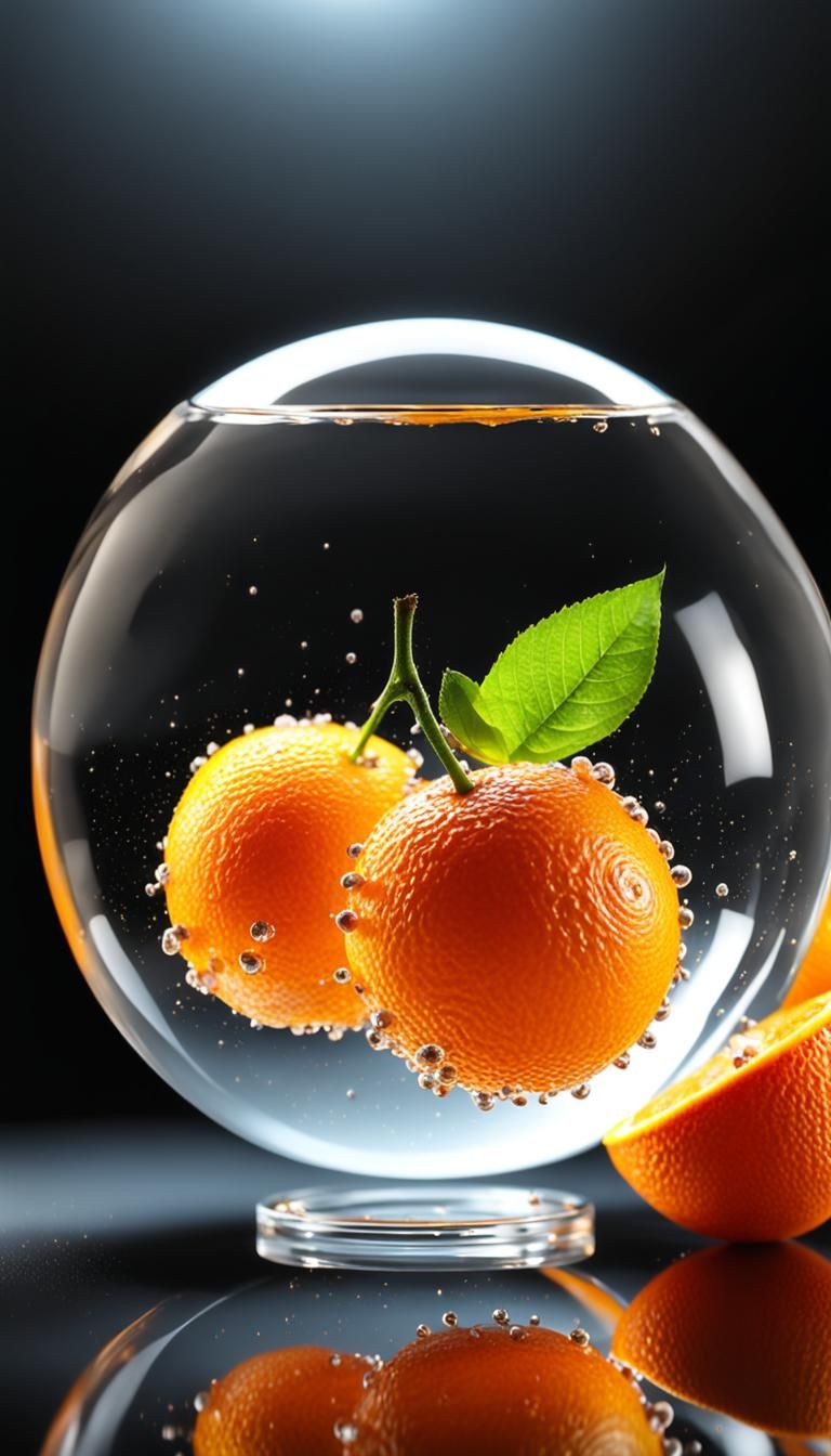 Orange Fruit in Glass Sphere, Lit Beautifully