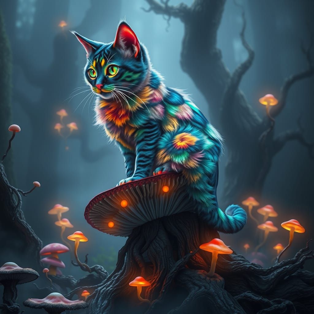 Majestic, Vibrant Cat Reigns on Ancient Mushroom Throne