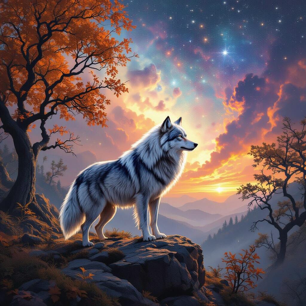Celestial Wolf Overlooking Nebula Sky