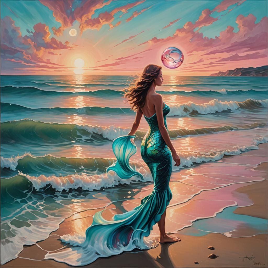 Surreal Mermaid Emerges from Sea: Oil Painting