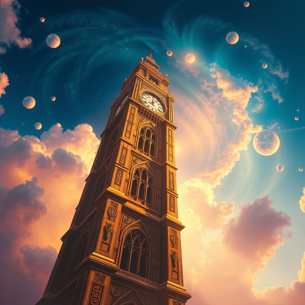 Ancient Clock Tower at Sunset: A Timeless Fantasy Realm