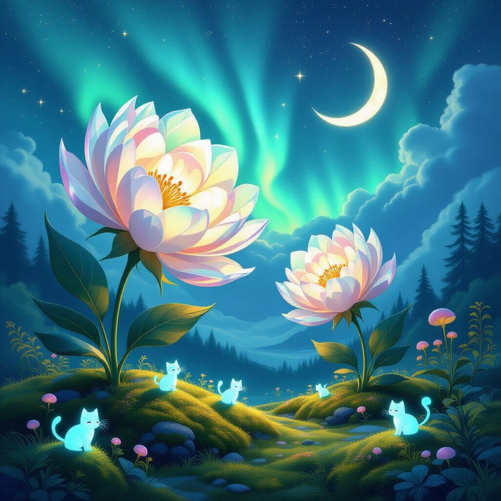 Surreal Dreamscape: Crystalline Flowers Under Aurora Sky