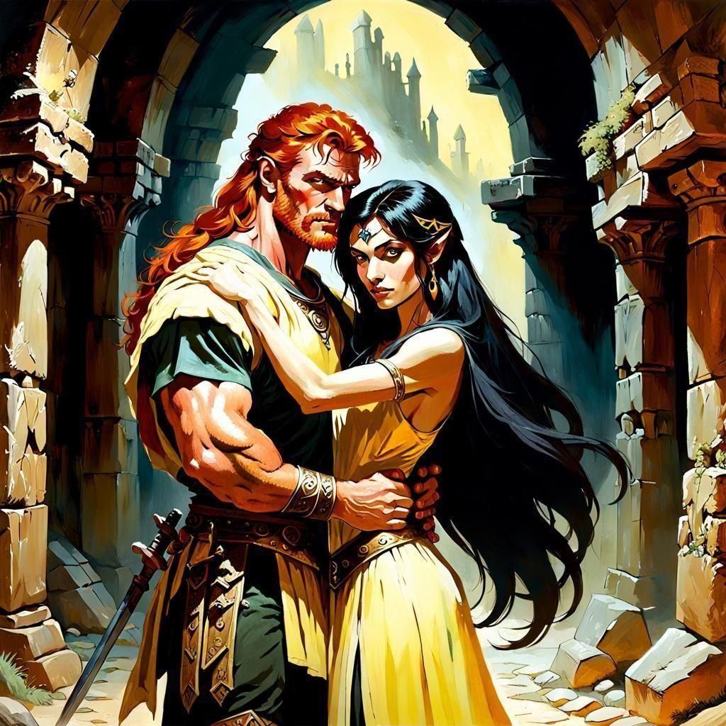 Barbarian and Sorceress Bonding, Frazetta-Style Oil Painting