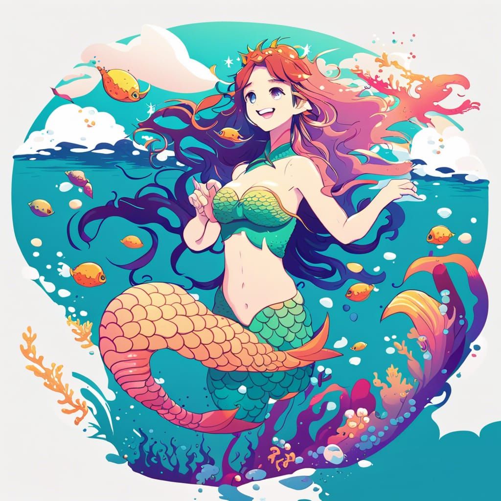 Joyful Mermaid on Island: Colorful Minimal Vector Art