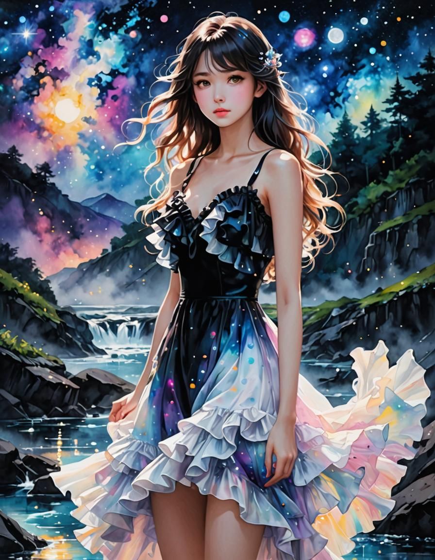 Neon Dress in Bokeh Galaxy Sky: 3D Anime Art