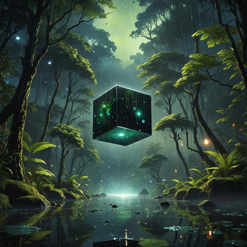Floating Black Cube in Magic Rainforest: Matte Painting