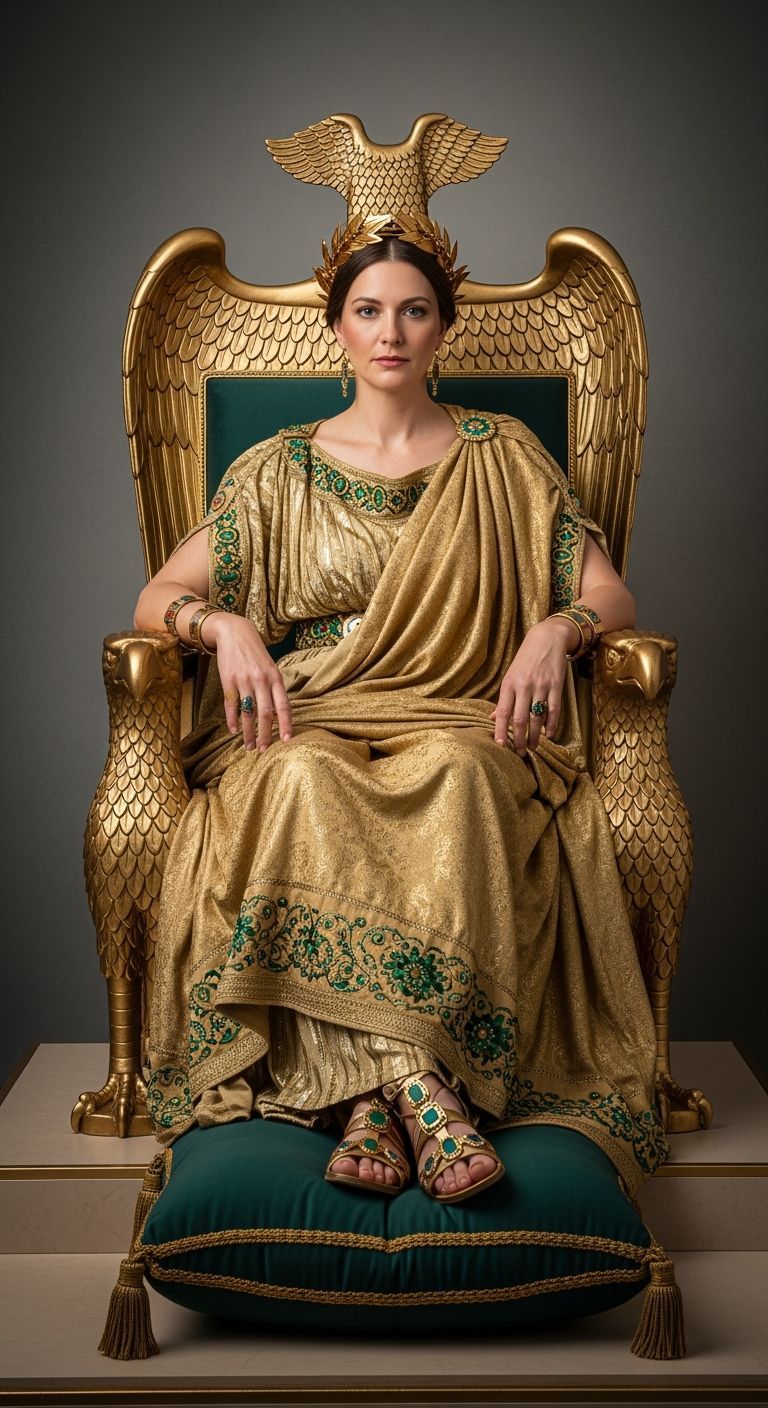 Regal Roman Empress on Gold Throne in Courtly Portrait