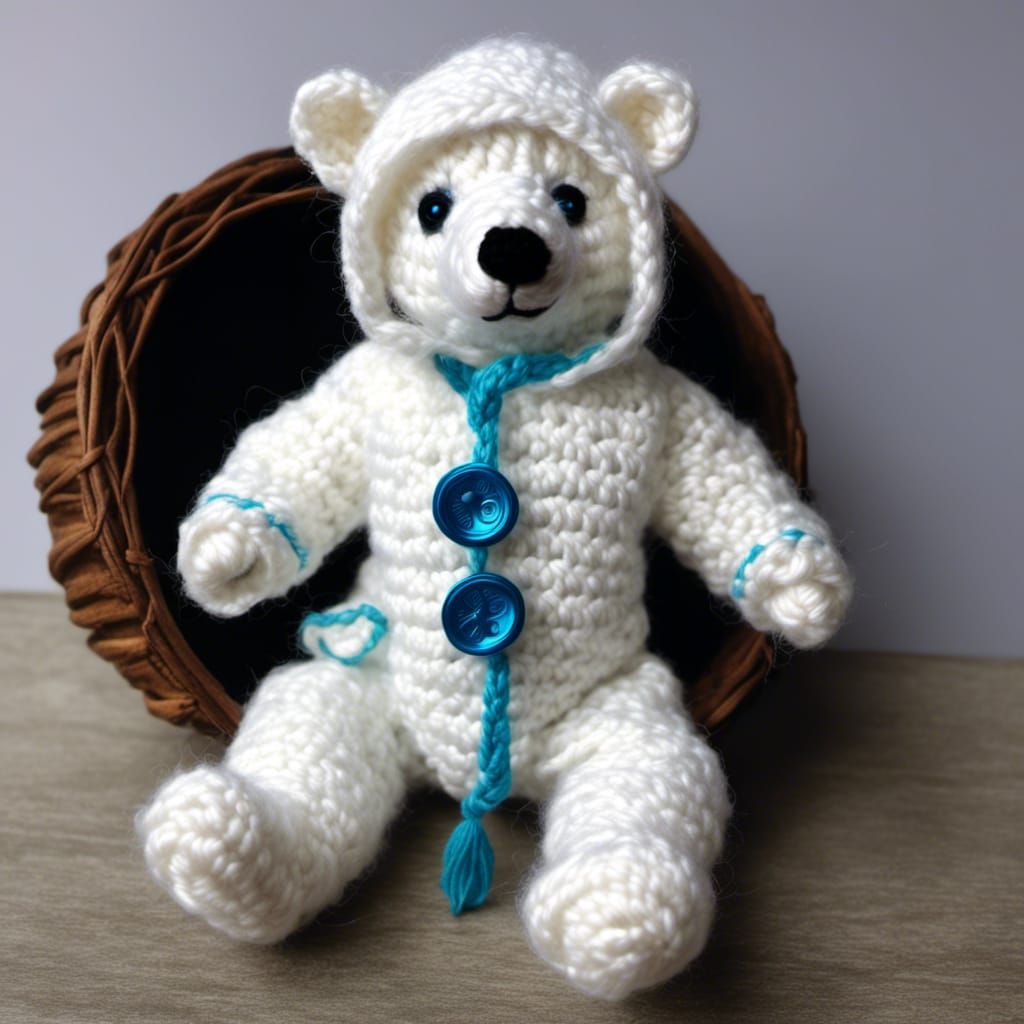 Crocheted White Bear in Hazmat Suit, Realistic Yarn Art