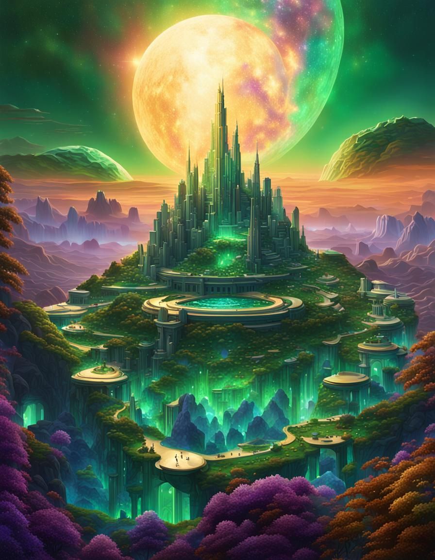 Emerald City Glows Amidst Gemstone Planet's Sunset
