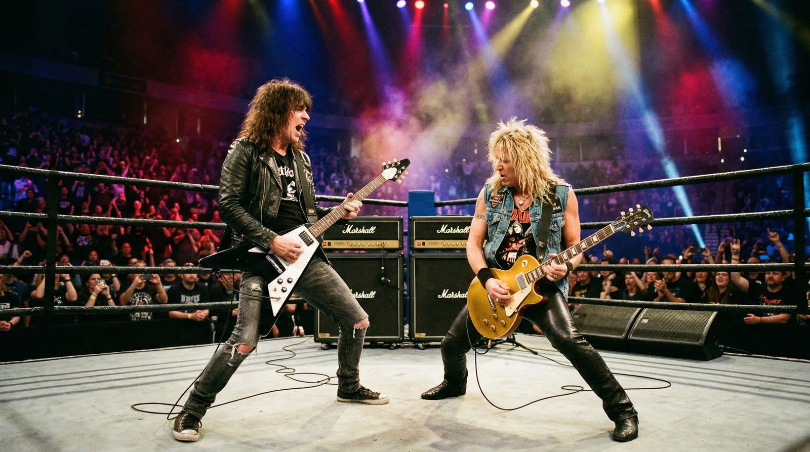 Guitar Duel in Boxing Ring with Rock Legends