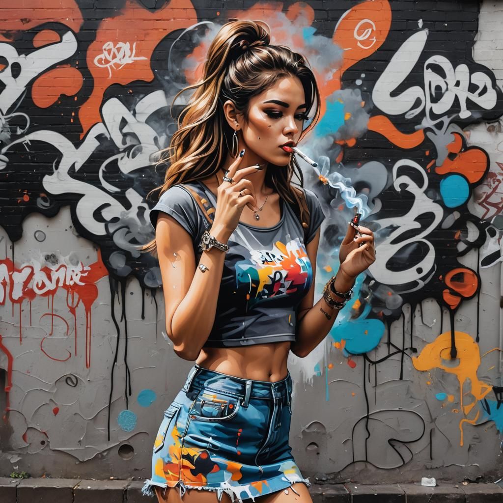 Girl Smoking: Graffiti Street Art