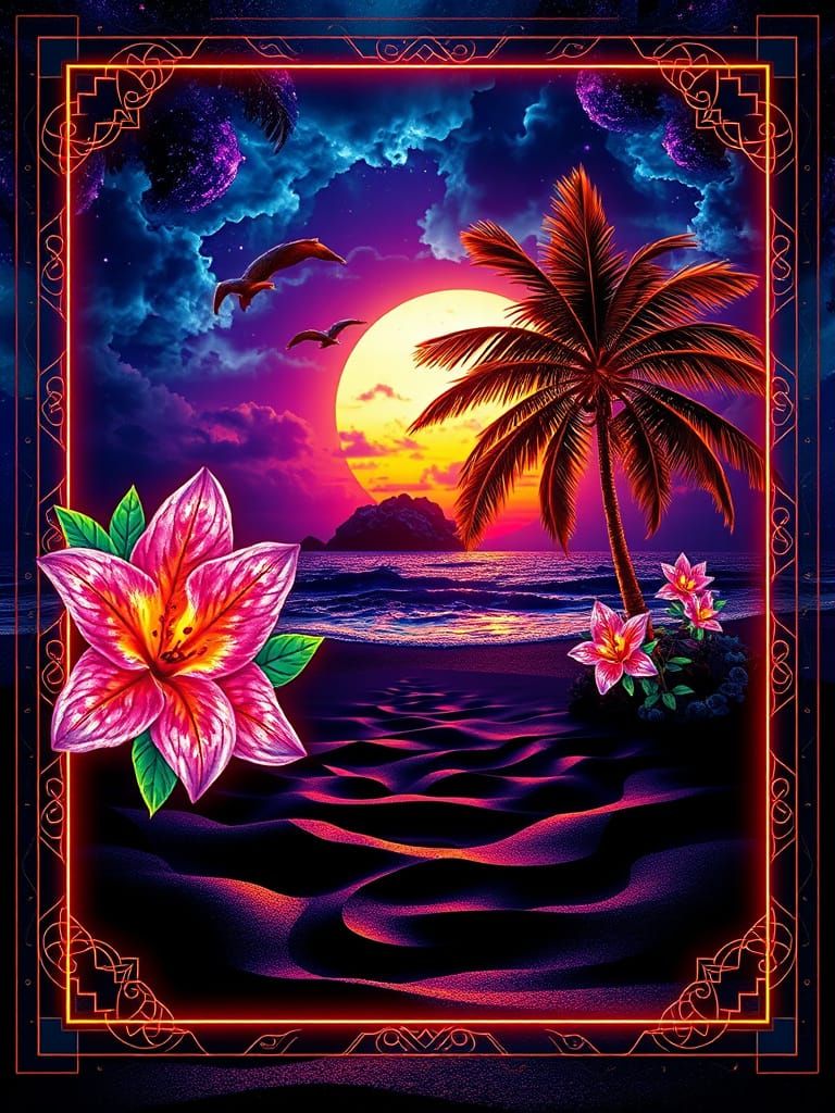 Neon Fractal Island Sunset in Stained Glass Style