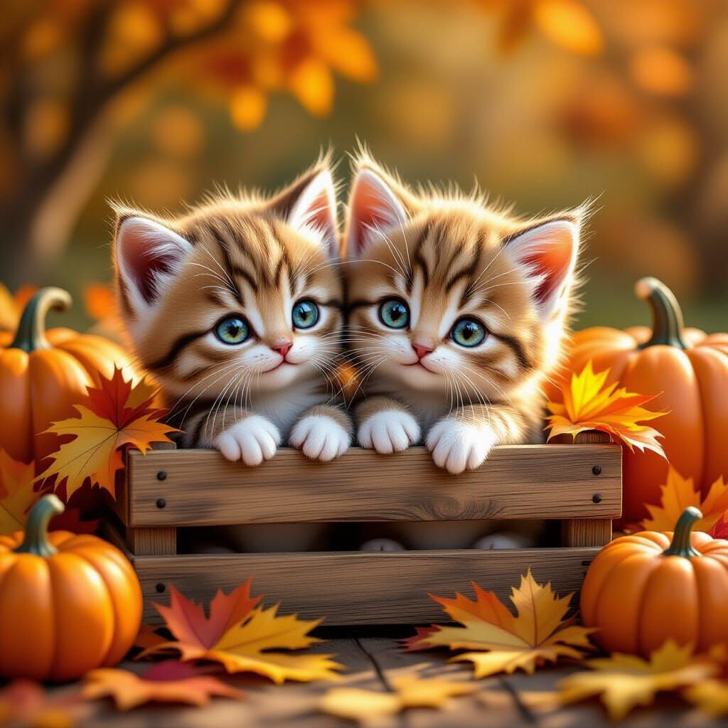 Adorable Kittens in Autumn Crate: 3D Anime Art