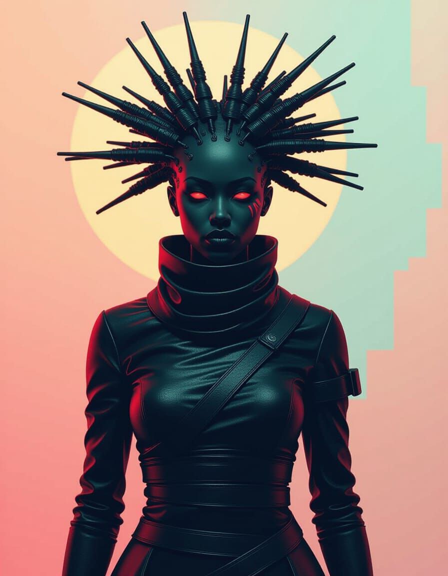 Afrofuturist Figure in Colorful Dystopian Landscape