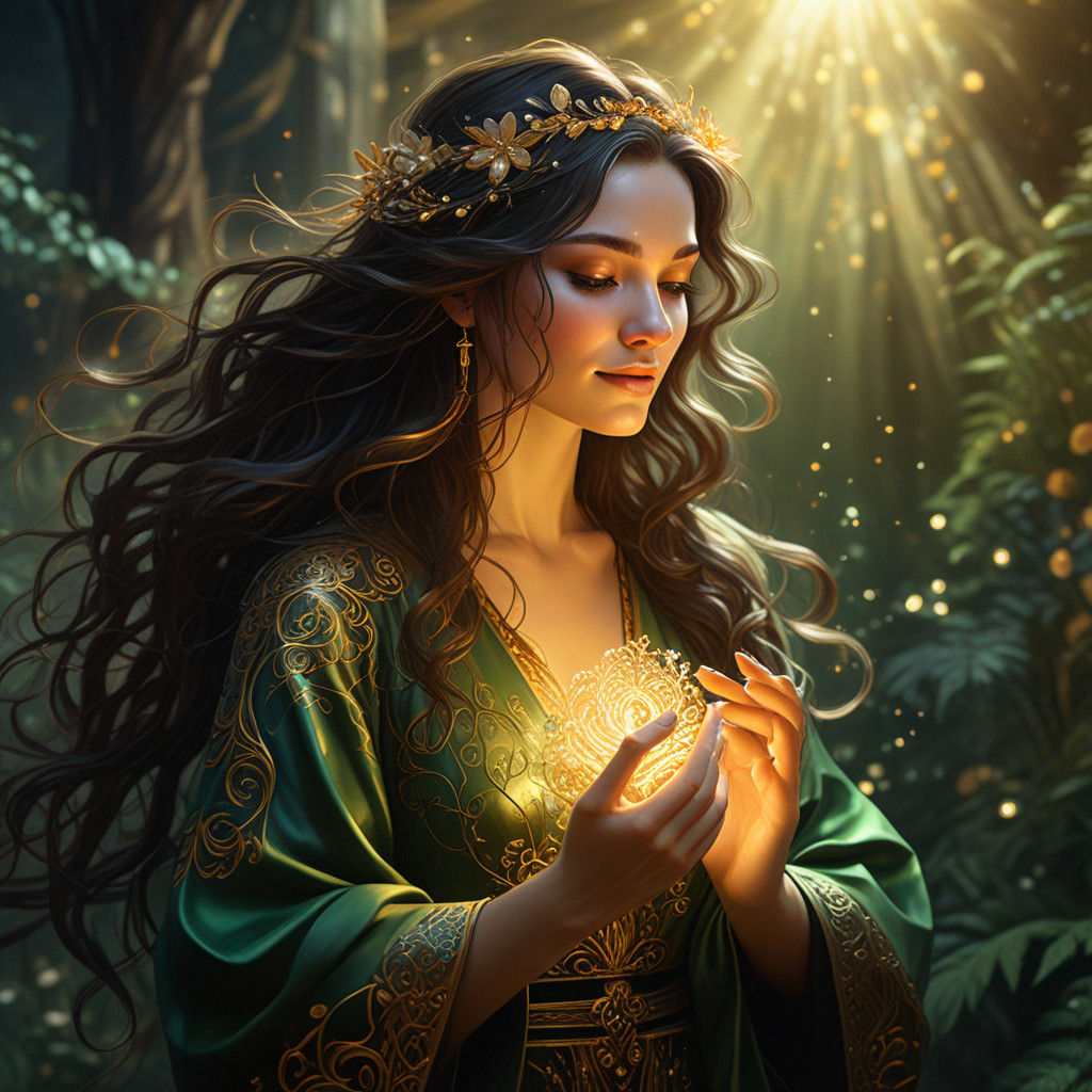 Ethereal Heart Chakra Goddess in Ancient Symbols