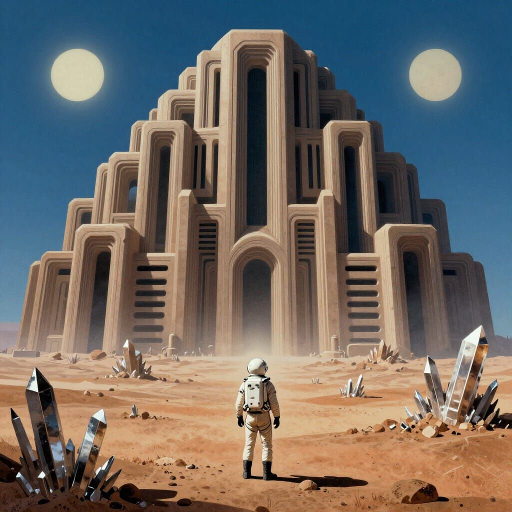 Astronaut on Alien Planet Gazes at Geometric Structure