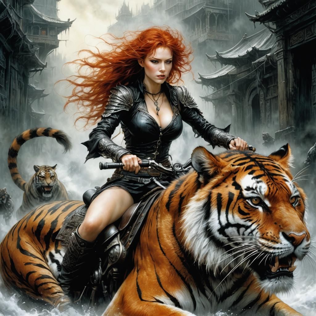 A naturalistic red-haired woman riding a tiger