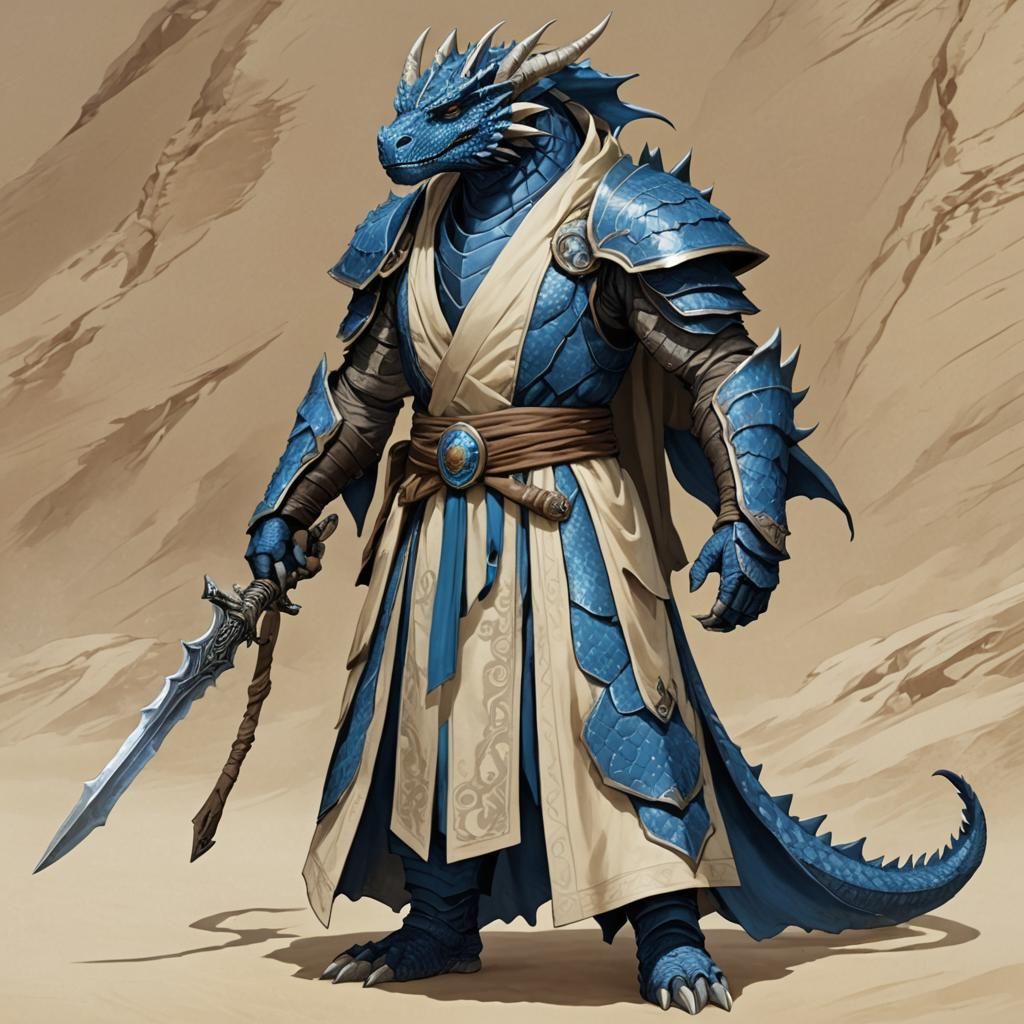 Anime-Style Blue Dragonborn Portrait in Desert Robe