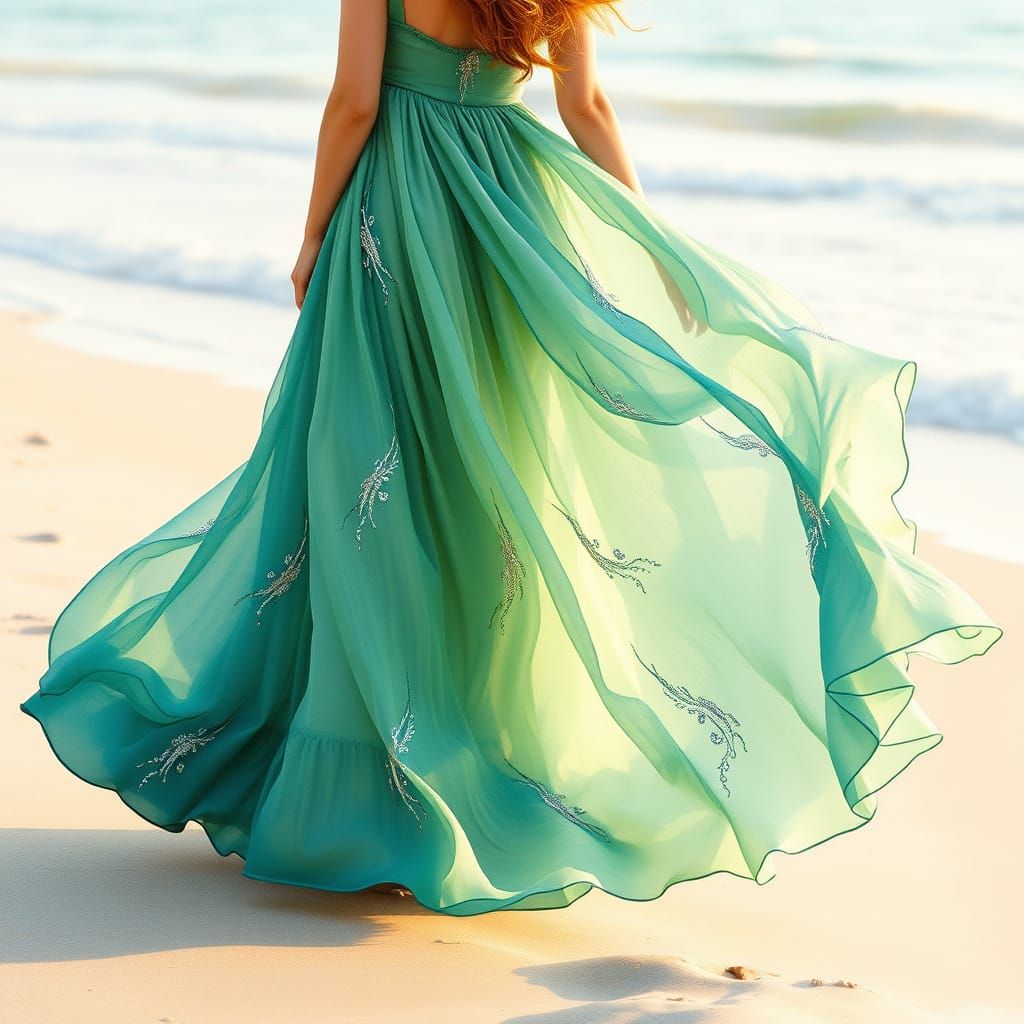 Elegant Flowing Dress on Beach in Watercolor Style
