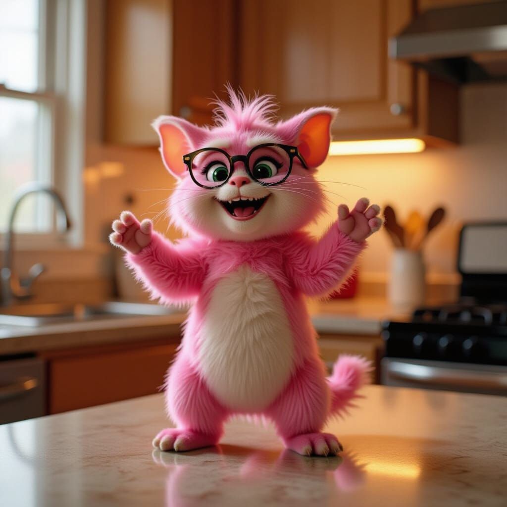 Pink Mogwai Dances: A Cinematic Film Still