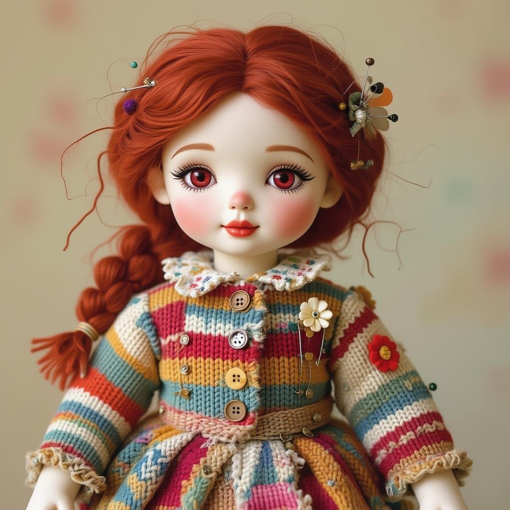 Worn Cloth Doll with Unique Hair and Mismatched Eyes