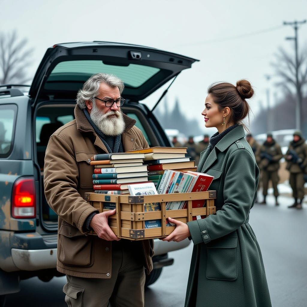 Man Delivers Books to Librarian Near Soldiers