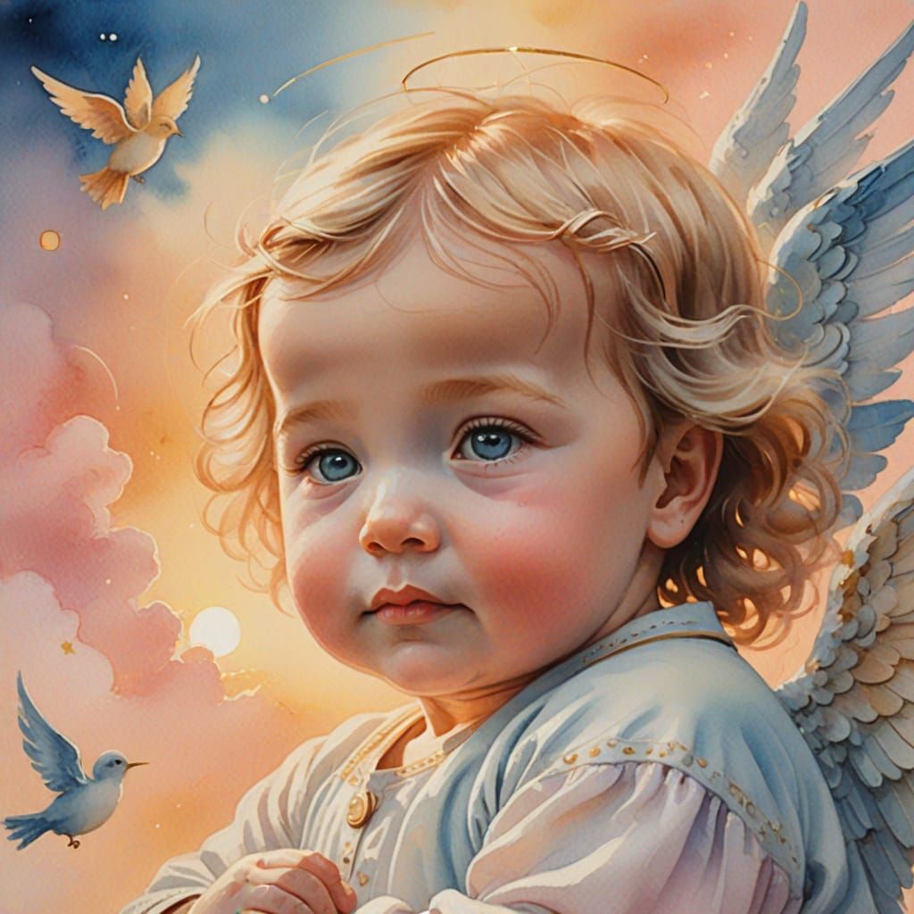 Surreal Angel Blesses Baby in Sunset Glow