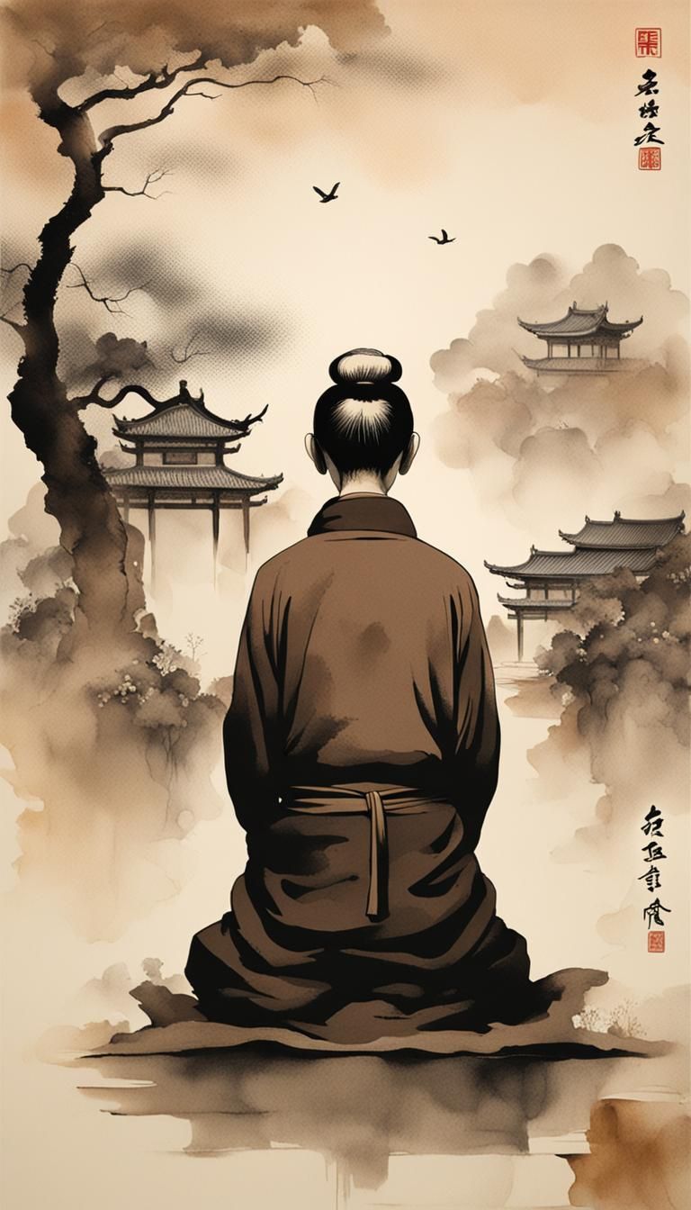 Minimalist Chinese Ink Painting of Meditating Nun