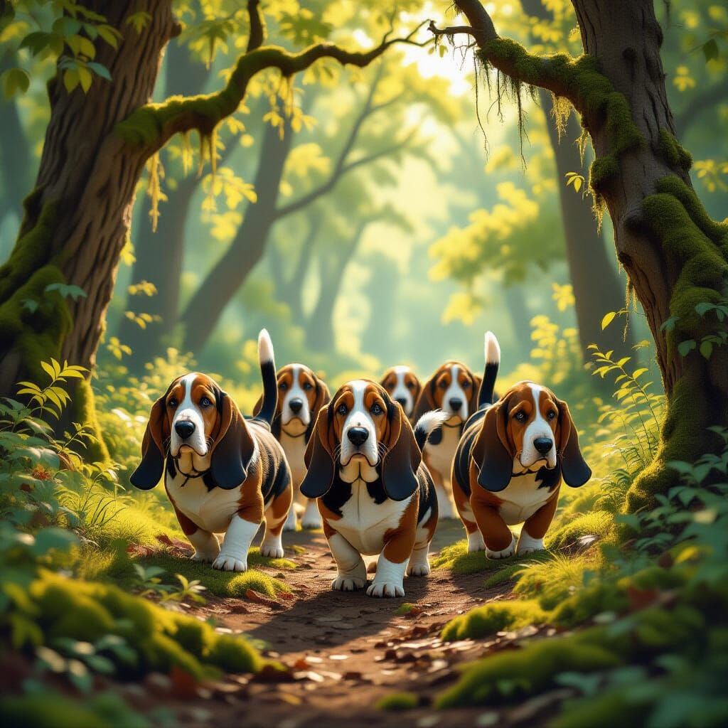 Basset Hounds in a Sun-Dappled Forest Clearing