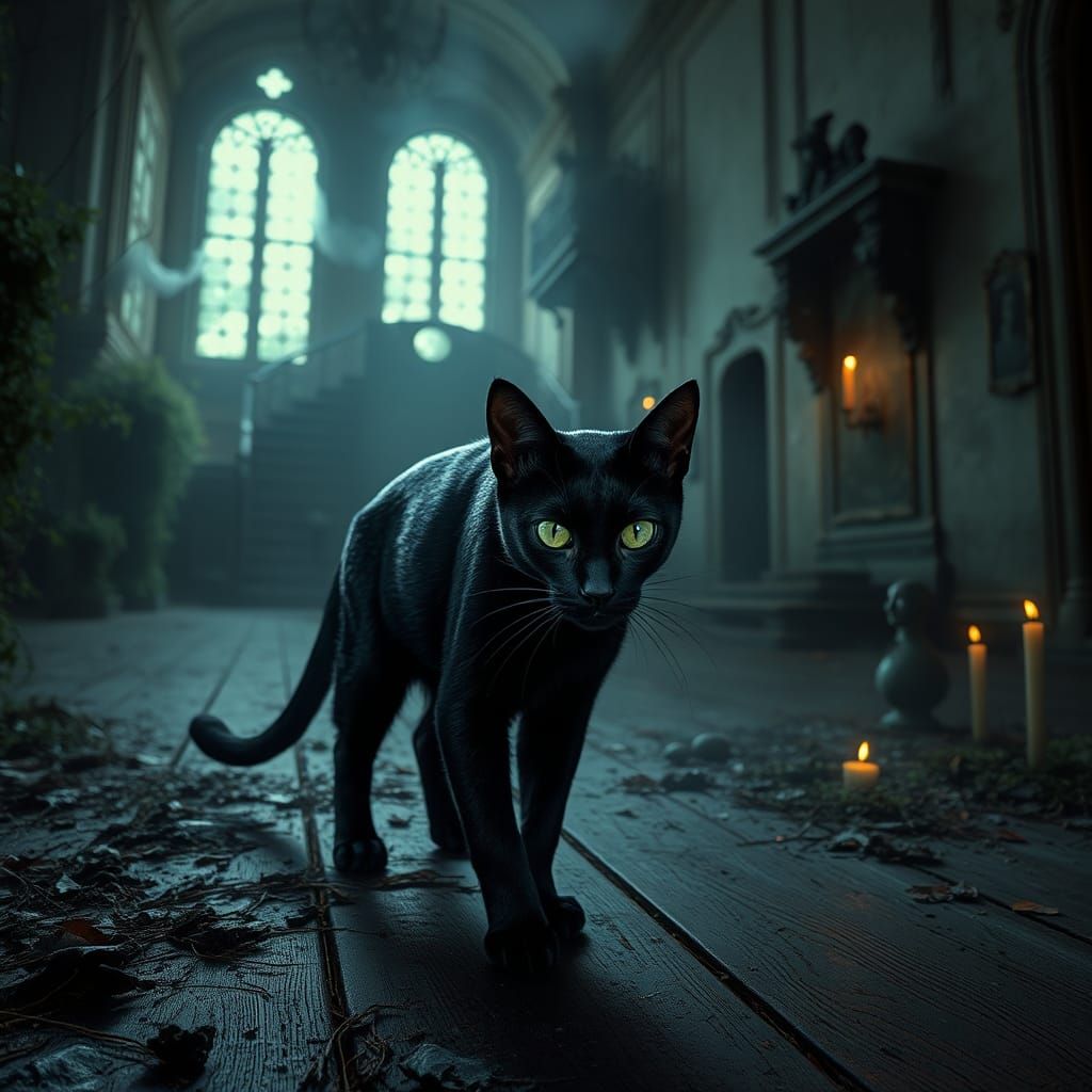 Creepy Haunted Mansion with Black Cat in Astral Realism