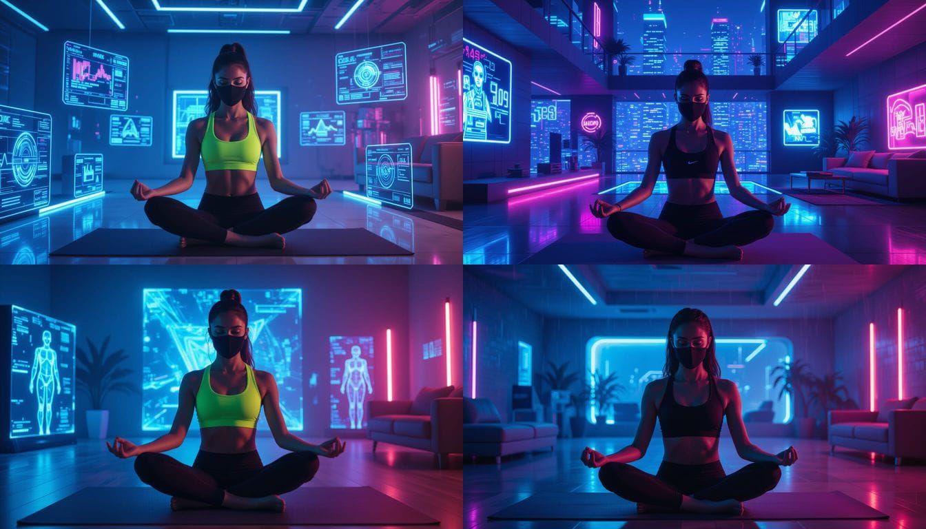 Masked Girl Doing Yoga in Cyberpunk Tel Aviv