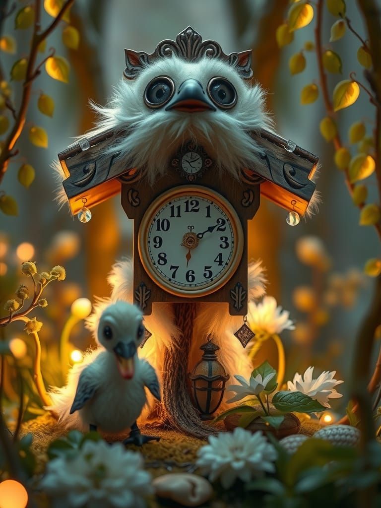 Fluffy Cuckoo Clock and Duckling in Magical Forest