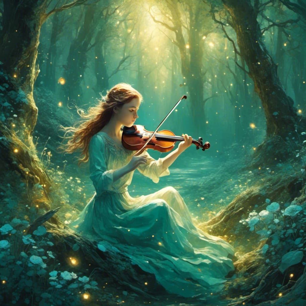 Girl Playing Violin Surrounded by Spirits