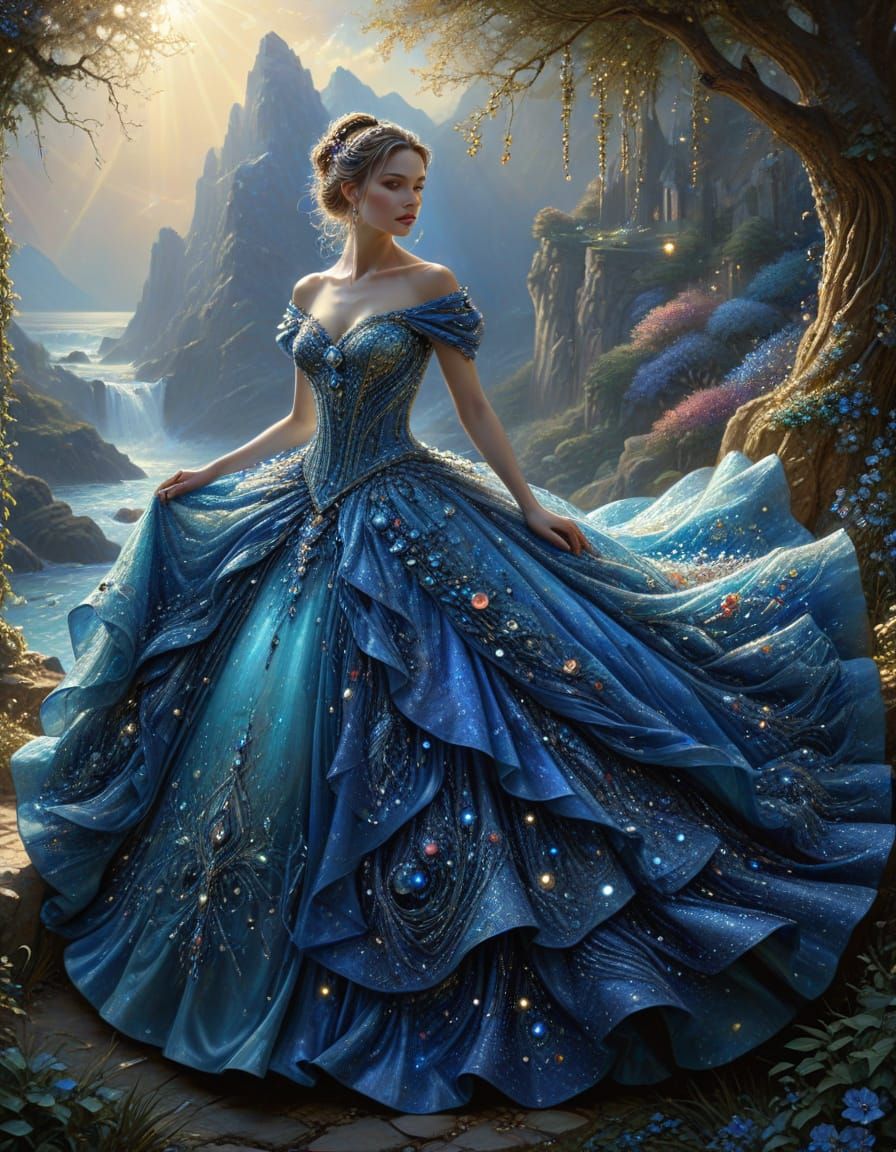 Ballgown with Sparkling Blue Beads in Sunlight