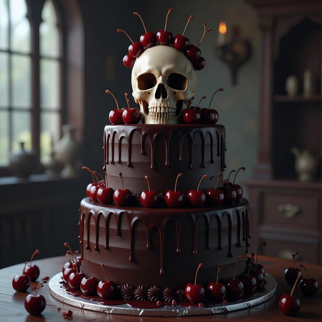 Gothic Chocolate Cake with Skull and Cherries