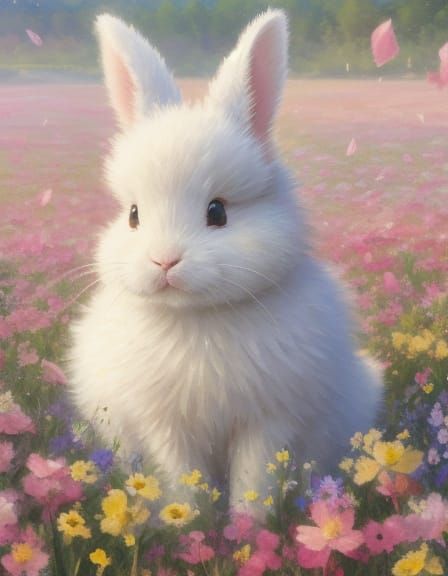 Impressionist Bunny in Flower Field, Watercolor Style