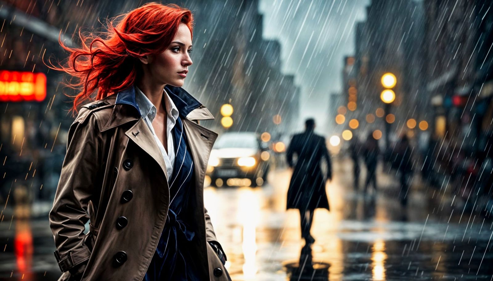 Red Hair Executive in Rainy Day, Watercolor Art